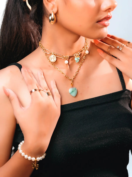 Golden Charm Layered Necklace with Mint Heart Pendant