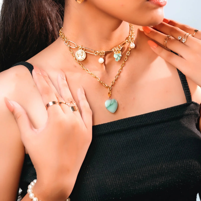 Golden Charm Layered Necklace with Mint Heart Pendant