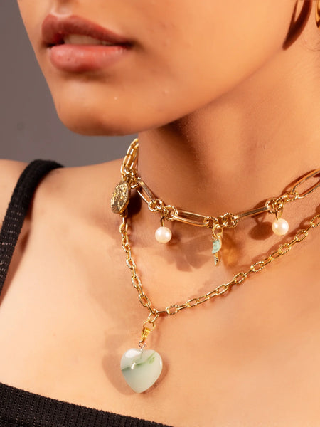 Golden Charm Layered Necklace with Mint Heart Pendant