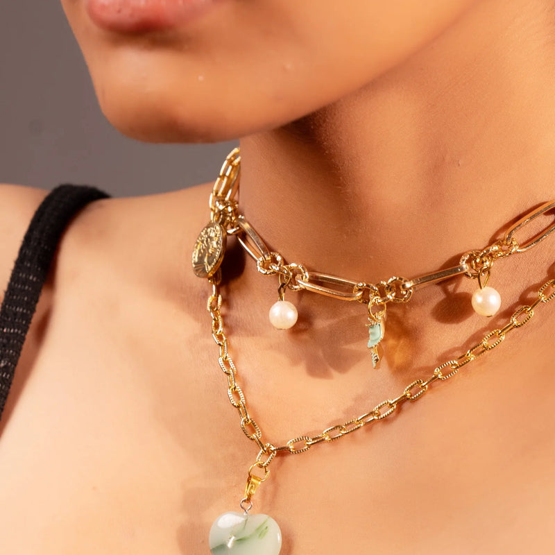 Golden Charm Layered Necklace with Mint Heart Pendant