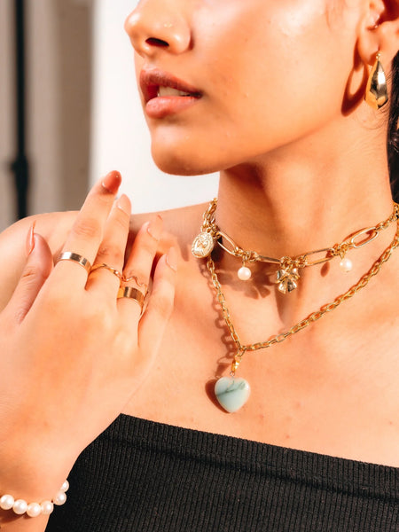 Golden Charm Layered Necklace with Mint Heart Pendant