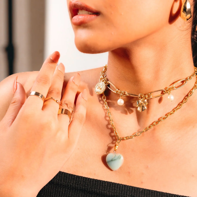 Golden Charm Layered Necklace with Mint Heart Pendant